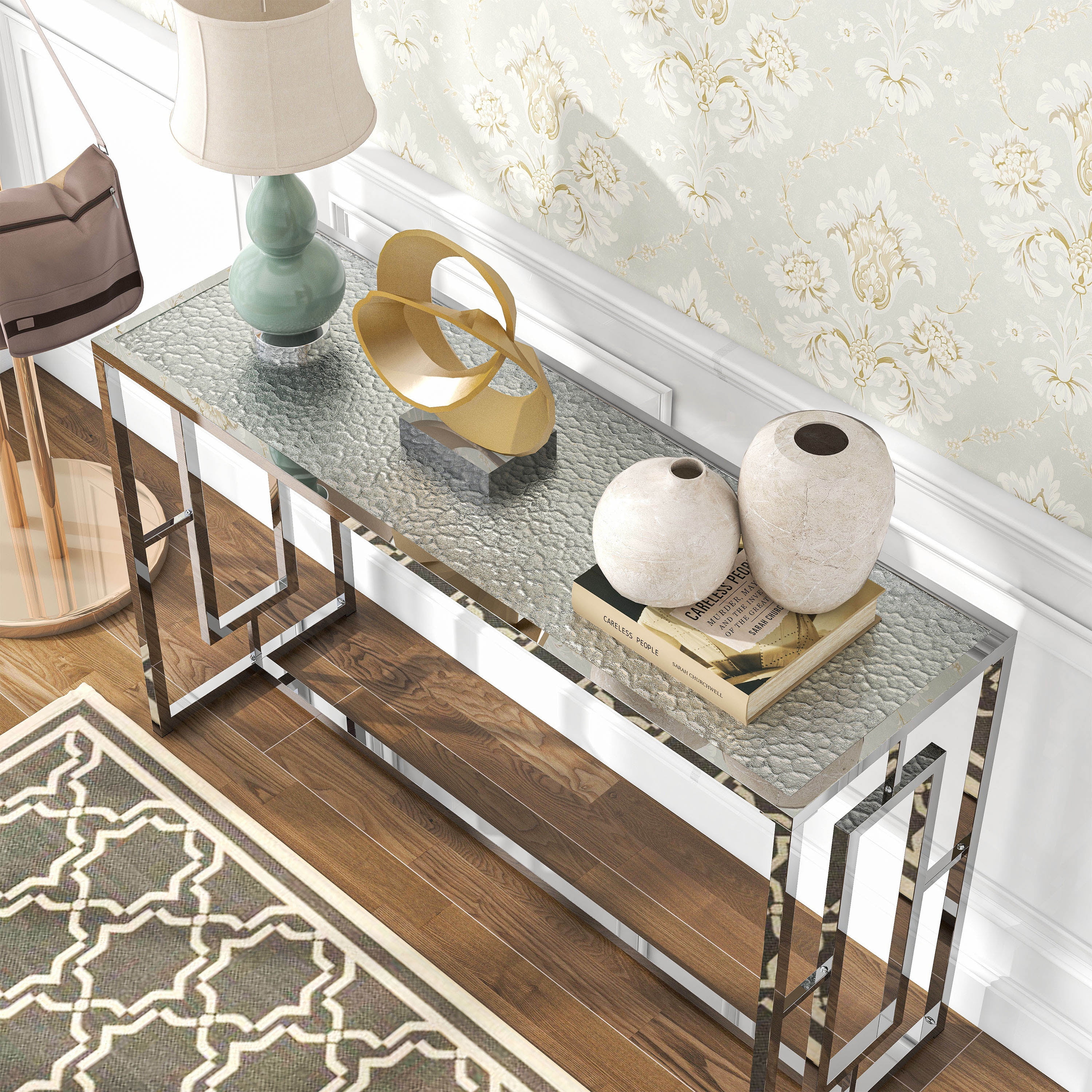 Furniture of America Kora Water Ripples Pattern Glass Top and Metal Chrome Sofa Table