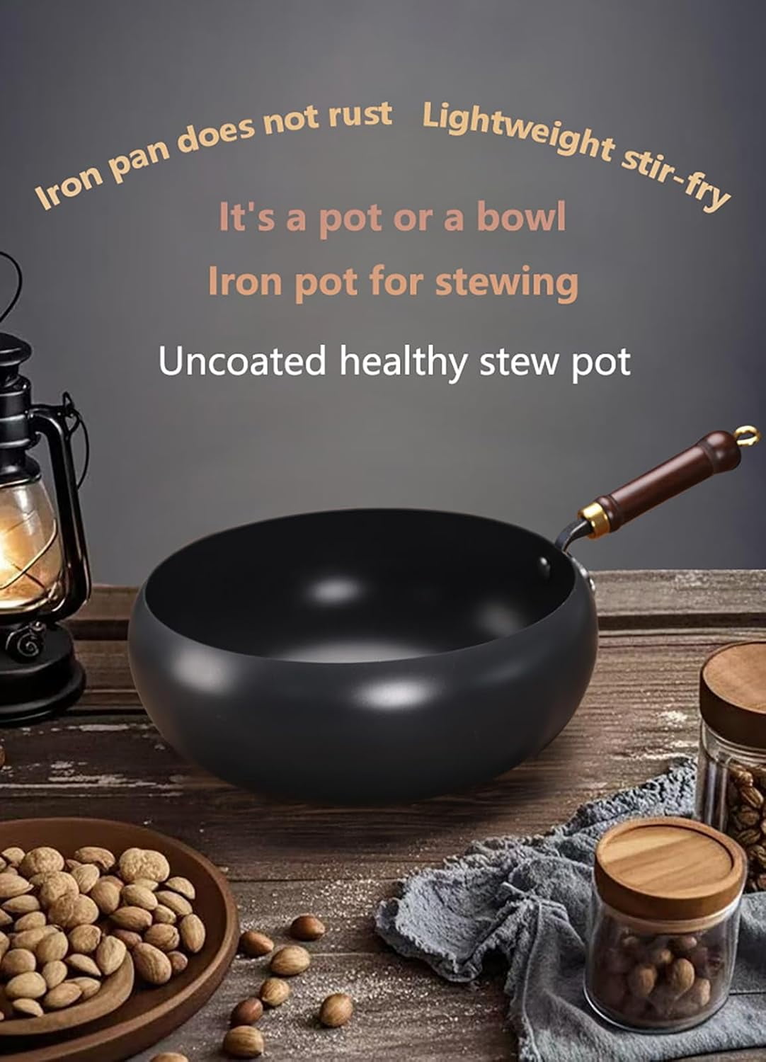 Hand-Forged Iron Wok with Wooden Lid, Japanese Non-Coated Nonstick Frying Pan, for Gas Stove, Induction Cooktop – Flat Bottom Stir Fry Pan for Home Kitchen Cooking (9.5in)