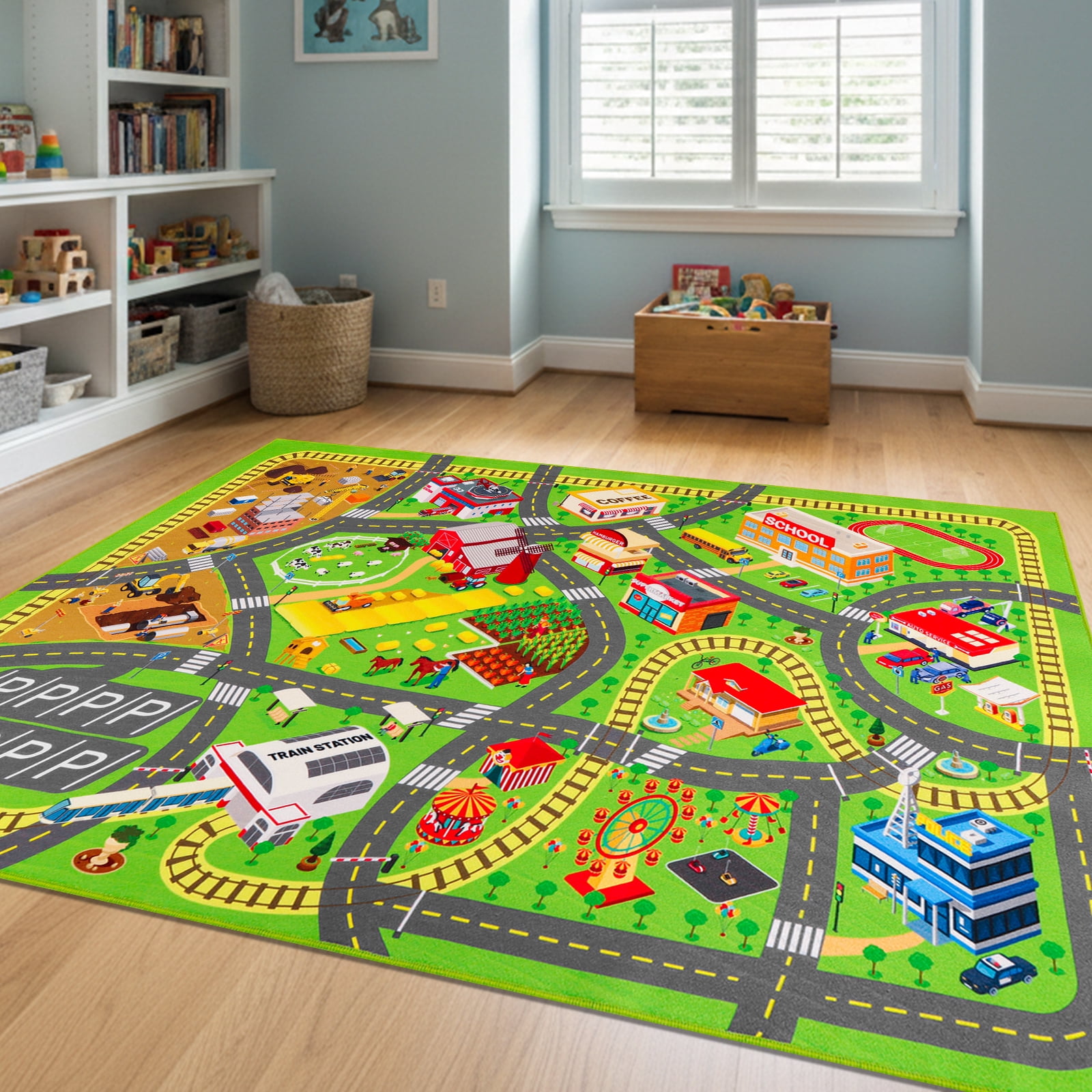 Car Rugs for Kids Toy Cars, Non-Slip Kids Play Rug, Town City Road Carpet for Kids Boys Playroom Bedroom, Washable Car Track Playmat Vehicle Mat for Children Baby (City, 59"X39.4")