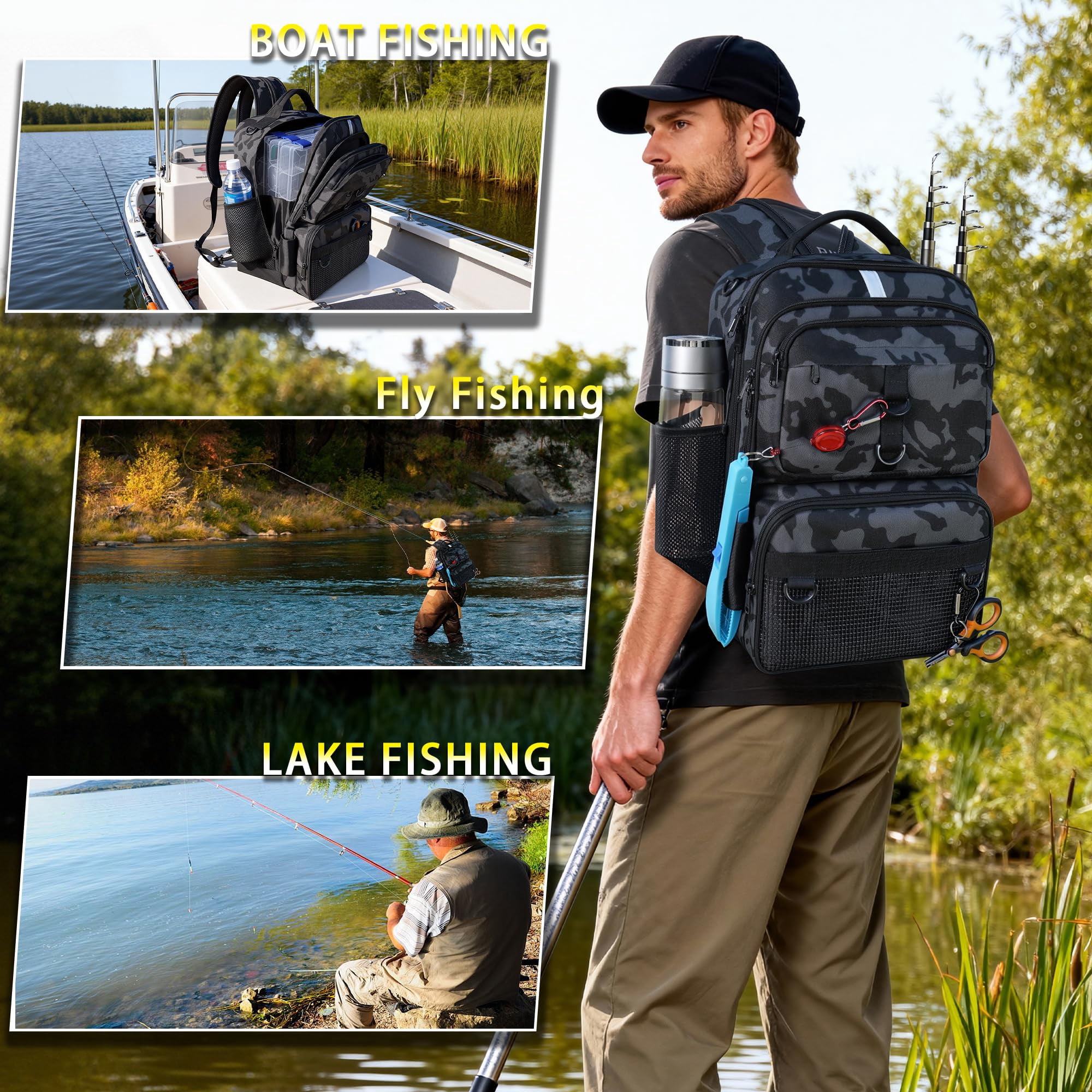 Fishing Backpack With Tackle Boxes And Rod Holder  24l Sling Bag Lures Kit Gear Gifts For Men Women - Camo