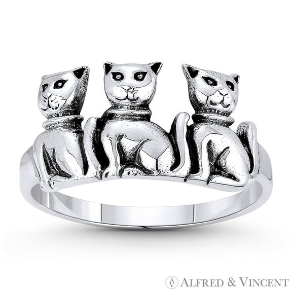 3-Cat Clowder Spirit Animal Charm Independence Totem Right-Hand Ring in Oxidized .925 Sterling Silver