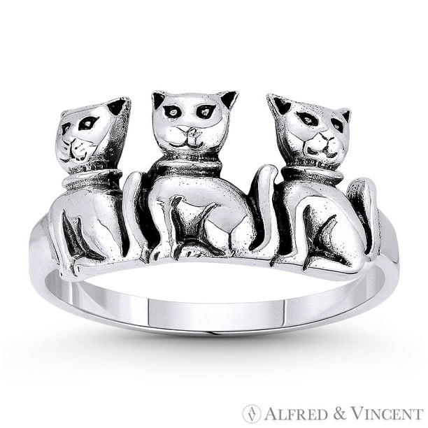 3-Cat Clowder Spirit Animal Charm Independence Totem Right-Hand Ring in  Oxidized .925 Sterling Silver 