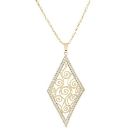 X & O 14KT Gold Plated 25mm x 48mm Curved Diamond Shape with Glitter Trim and Stamped Spiral Pattern Pendant Necklace