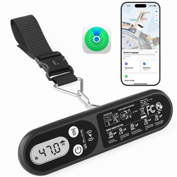 2-in-1 Luggage Scale Travel Digital & Find My Tracker, Portable Luggage Weight Scale with Hook, Apple Find My Compatible, Hanging Baggage Scale, 110lb Limit, Overweight Indicator, LCD Display