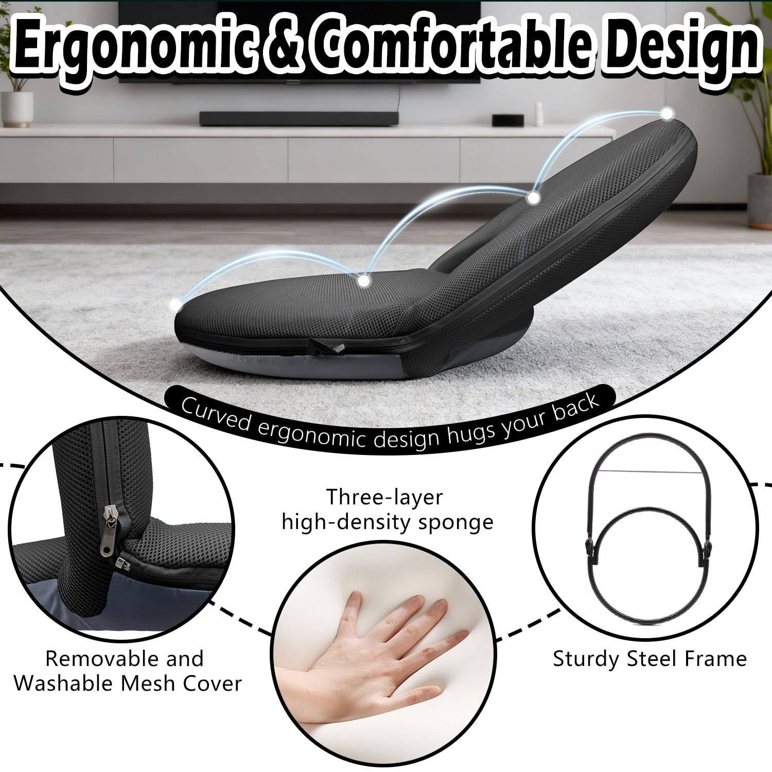 Floor Chair with Back Support, Foldable Adjustable Floor Seat, 5-Position Padded Recliner Floor Chair for Gaming, Reading and Meditation (Black)