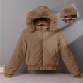 thumbnail image 4 of Women's Cropped Puffer Jacket Faux Fur Hood Full Zip Quilted Warm Winter Coat with Pockets Corduroy Style, 4 of 7