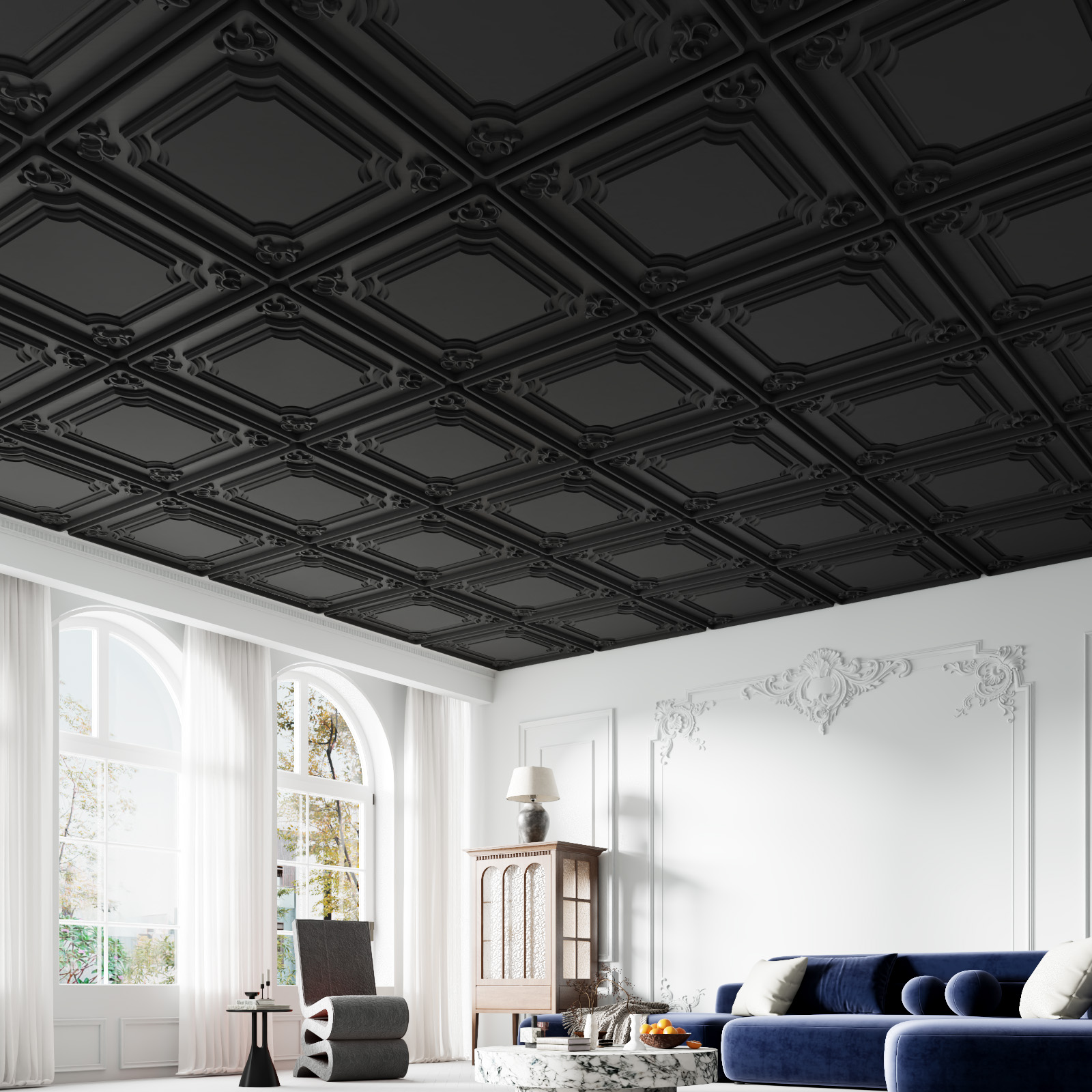 LooYee 24 Pack Black Ceiling Tiles 24x24 Inch, French Style 3D Decorative Ceiling Panels 2x2Ft PVC Waterproof Washable Plastic Material, Cover 96 Sq.Ft