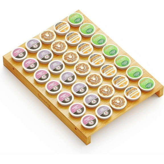 Bamboo K Cup Drawer Organizer Insert, Kitchen K Cups Coffee Pod Holder Tray Organizers for Kcup Coffee Station Drawer Storage Organization (35 Slots)