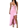 thumbnail image 1 of Gupgi Women Ruffle Cami Long Dress Summer Solid Color Spaghetti Strap Low Cut  Split Bodycon Dress, 1 of 6