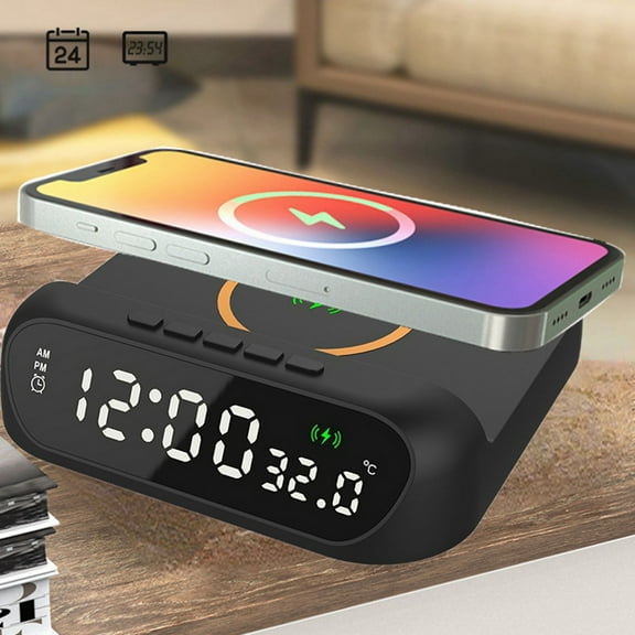 Wireless Charging Alarm Clock Wireless Charger Fast 15W Charging Digital Alarm Clock Temperature Black
