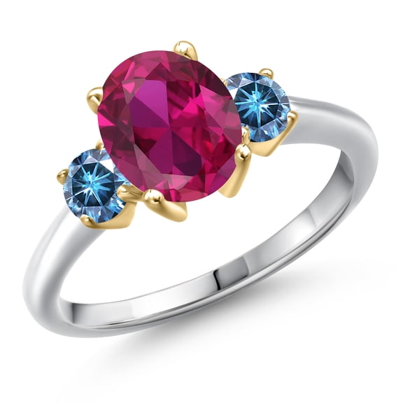 Gem Stone King 10K Two Tone Gold Red Created Ruby and Persian Blue Moissanite Engagement Ring for Women | 2.46 Cttw | Oval 9X7MM | Gemstone July Birthstone | Size 6