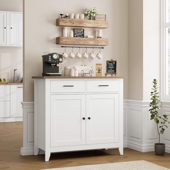 Kitchen Storage Cabinet, Modern Farmhouse Buffet Cabinet with Storage, Coffee Bar with 2 Drawers and 2 Doors, Floor Sideboard Buffet for Living Room, Dining Room, Bathroom, Ivory White