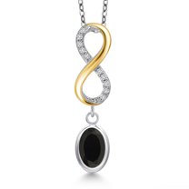 Gem Stone King 925 Silver and 10K Yellow Gold Black Onyx and Lab Grown Diamond Pendant Necklace for Women | 1.68 Cttw | Gemstone December Birthstone | Oval 8X6MM | With 18 inch Chain