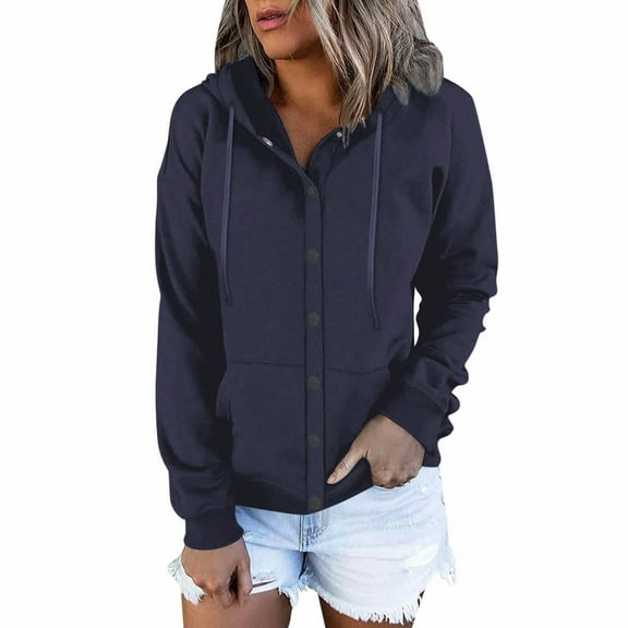 Women's Casual Hoodies Fashion Solid Color Button up Drawstring Sweatshirts Long Sleeve Cozy Tops with Pockets (Navy,XL)