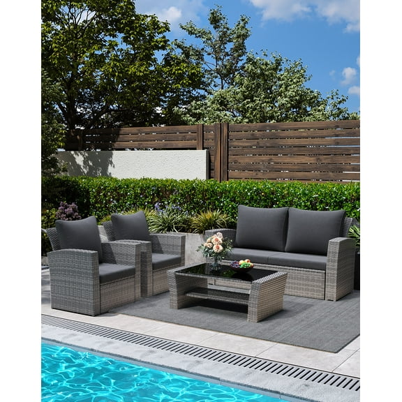RoyalCraft 4 Piece Outdoor Patio Furniture Sets, Wicker Conversation Set for Porch Deck, Grey Rattan Sofa Chair with Cushion