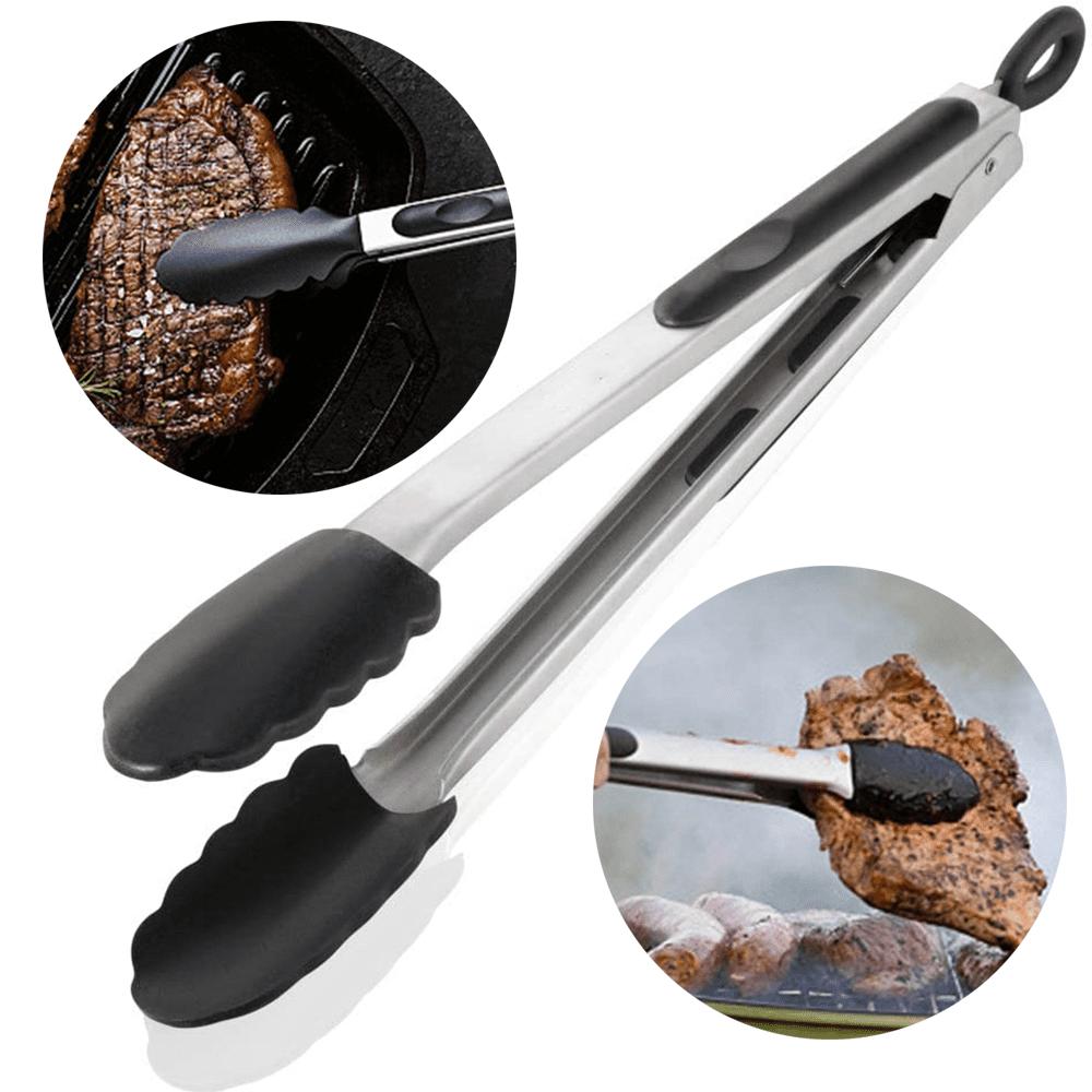 3 black silicone tongs Walfos Kitchen Tongs Stainless Steel and BPA Free Silicone Tips 7 9 and 12 Grilling Turning Great for Cooking Heat Resistant Cooking Tongs Set of 3