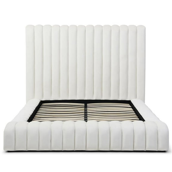 Pemberly Row Contemporary Velvet Upholstered Queen Platform Bed in Cream