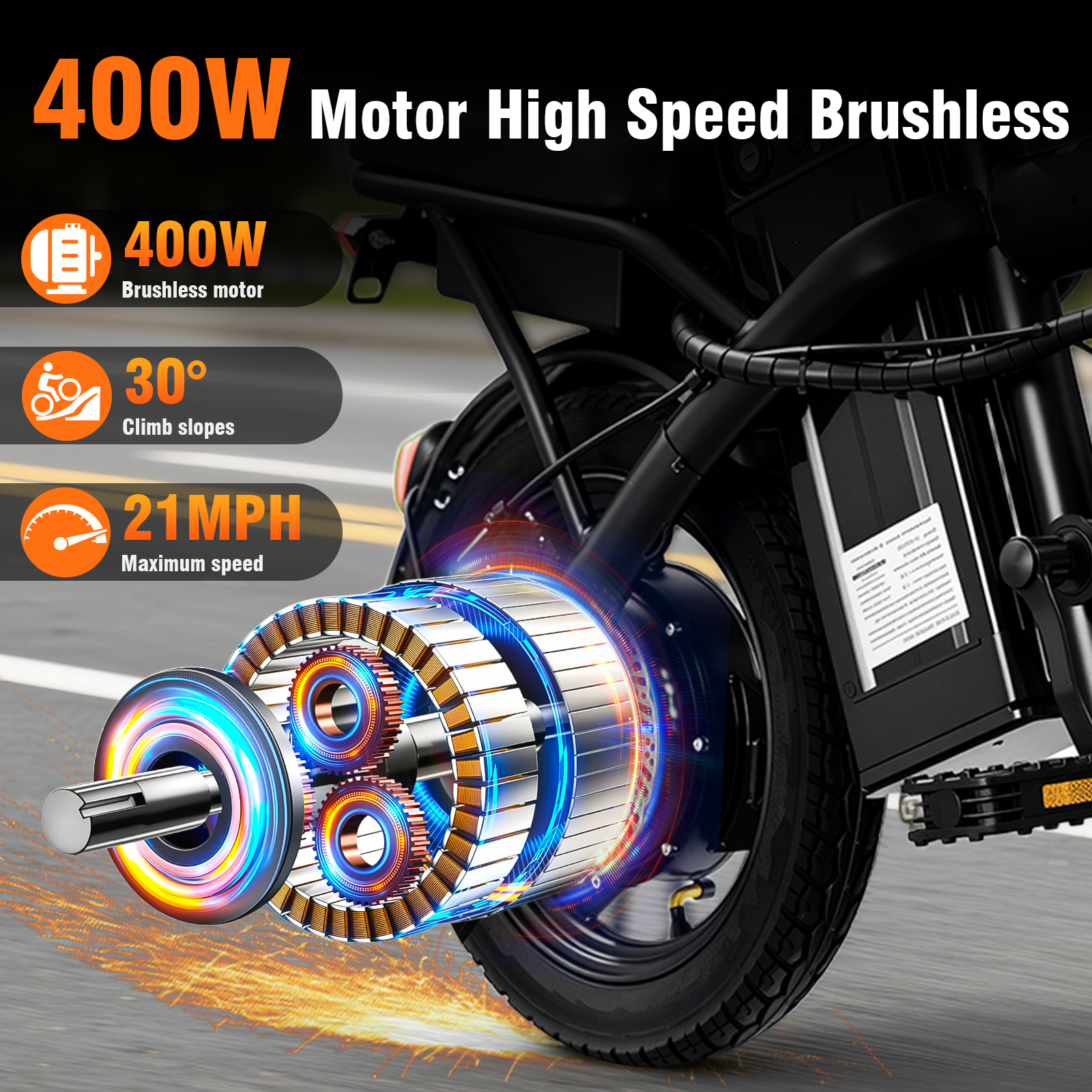 14 Inch Foldable Adult Electric Bicycle, 48V 10Ah 400W Motor, 3-Speed Gearing, Dual Spring Shock Absorbers, Front and Rear Led Safety Lights, Portable Design