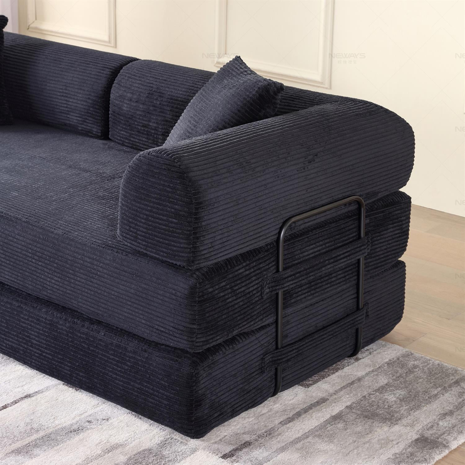 Demi Bonn 77" Convertible Sleeper Sofa Bed, Corduroy Foldable Mattress Couch with Cylindrical Pillow & Fixed Frame for Living Room, Bedroom, Black