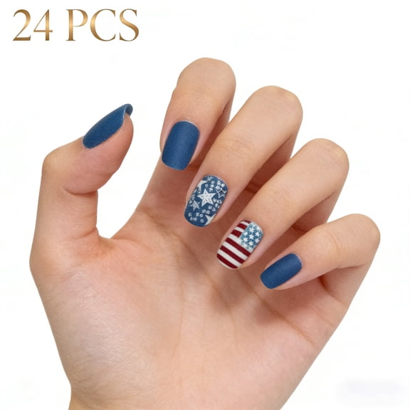 4th Of July Independence Day French Tip Press-On Nails, Almond,Red White Blue,Medium Length, 24 Count