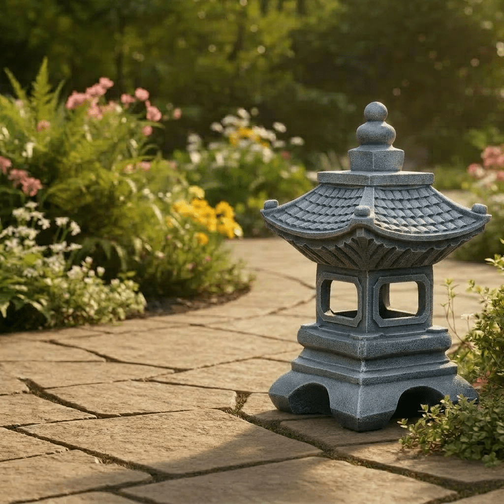 Lumiartisan 13.39in Resin Japanese Pagoda Solar Lantern Garden Statue, Gray