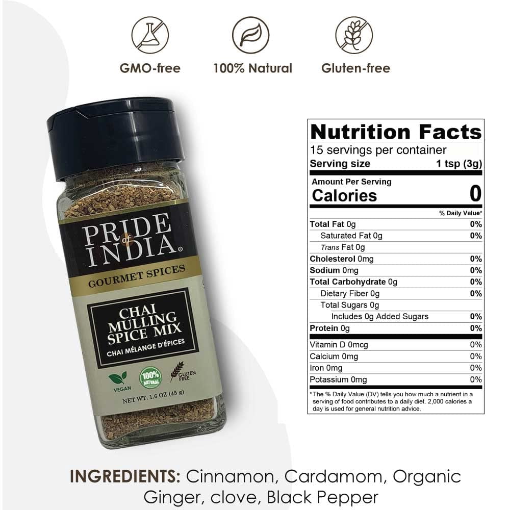 Pride of India - PACK of 6 - Chai Masala Mulling Spice Mix – Gourmet Spice Mix for Teas & Coffee – Caffeine Free – Authentic Mulling Spice Blend – 1.6 oz. Small Dual Sifter Bottle