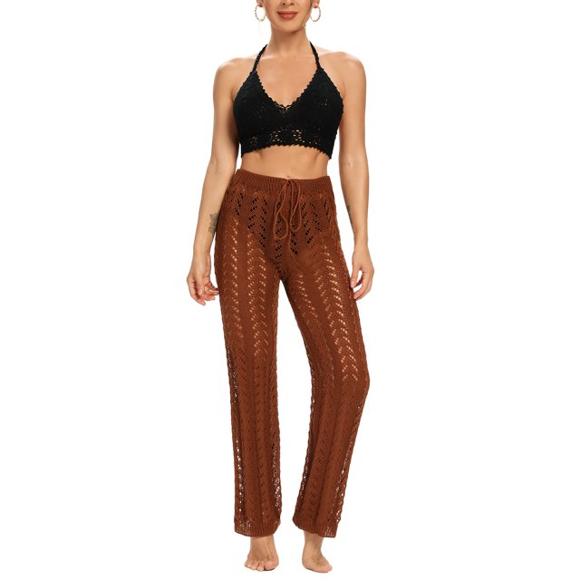 FOCUSNORM Women Hollow Out Pants Solid Color Elastic High Waist Trousers