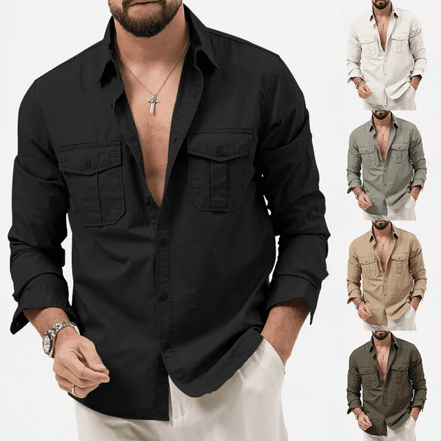 Camisa informal de manga larga para hombre nueva de 2023, camisa de estilo europeo y americano con estación independiente y doble bolsillo, venta rápida