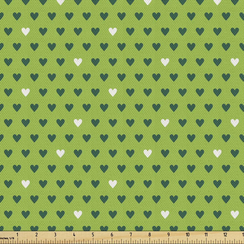 Green Sofa Upholstery Fabric by the Yard, Small Heart Shapes Vibrant