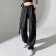 thumbnail image 4 of Black Juniors Pants Fashion Streetwear Pockets Wide Leg High Waist Straight Overalls Pants for Women 2023 Size M, 4 of 6