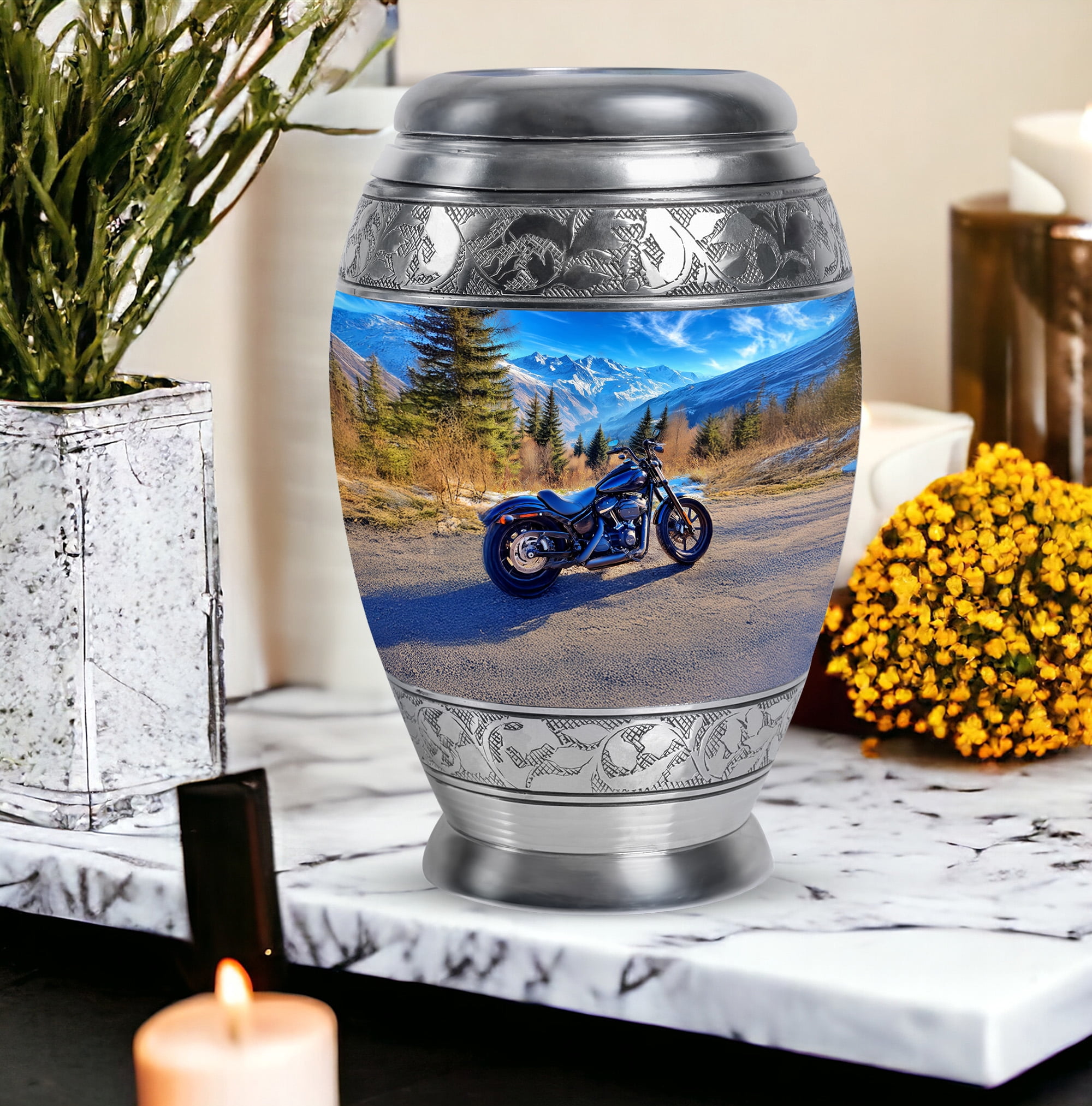 Bike Urns For Human Ashes Adult Man And Woman - 1 Large Blue Urn For Adult Male - 10 Inch Mountain Decorative Urn For Ashes For Male And Female - Set Of 4 Keepsake For Mother And Father, Small 3 Inch