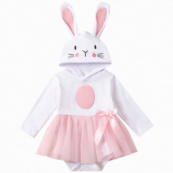 CAICJ98 Baby Girl Easter Outfit Infant Bunny Onesie Ruffle Tulle Tutu Dress Bubble Romper Hooded Jumpsuit With Ear (White,6-12 Months)