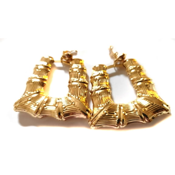 Large Clip-on Earrings Gold Tone Bamboo Square Earrings Puffy Hoops Retro 2.5 inch