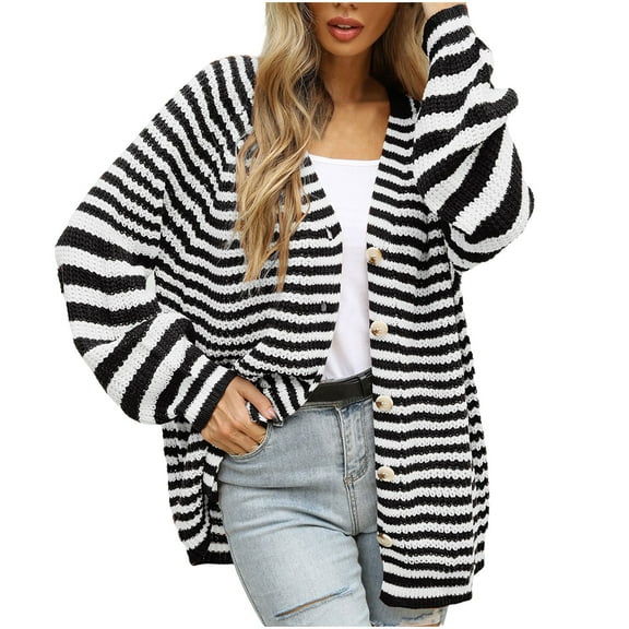 Oplxuo Women's Striped Open Front Sweater Cardigans - 2025 Fall Winter Long Sleeve Long Knitted Outerwear Coats
