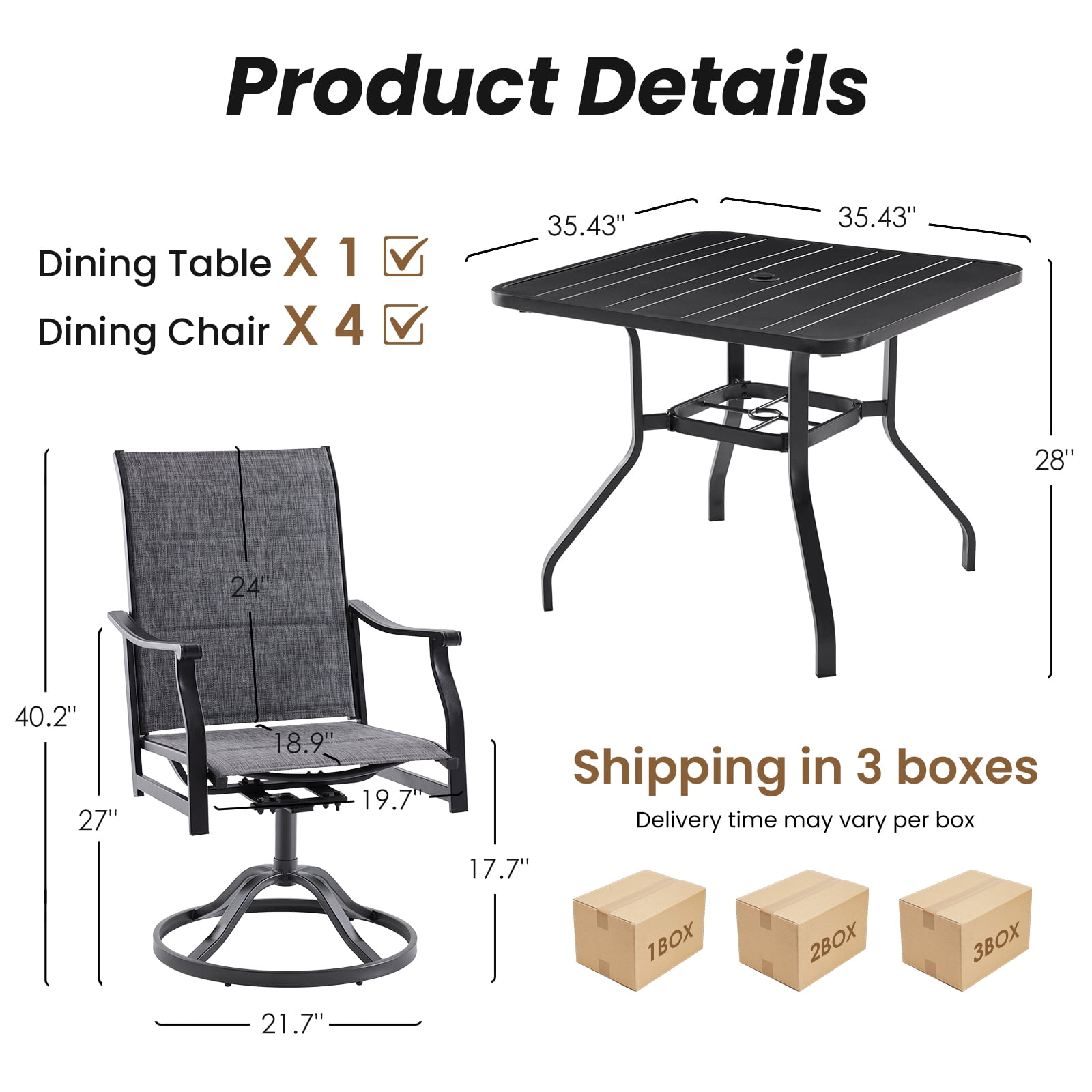 STARY 5 Pieces Outdoor Dining Set with 1.57" Umbrella Hole, Patio Swivel Dining Textilene Chairs and 35"x35" Iron Square Table for 4 People, Balcony