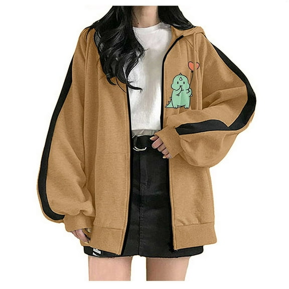 IROINNID Women's Casual Mid-Length Coat Print Zip Up Long Sleeve Hoodie Outwear, Brown