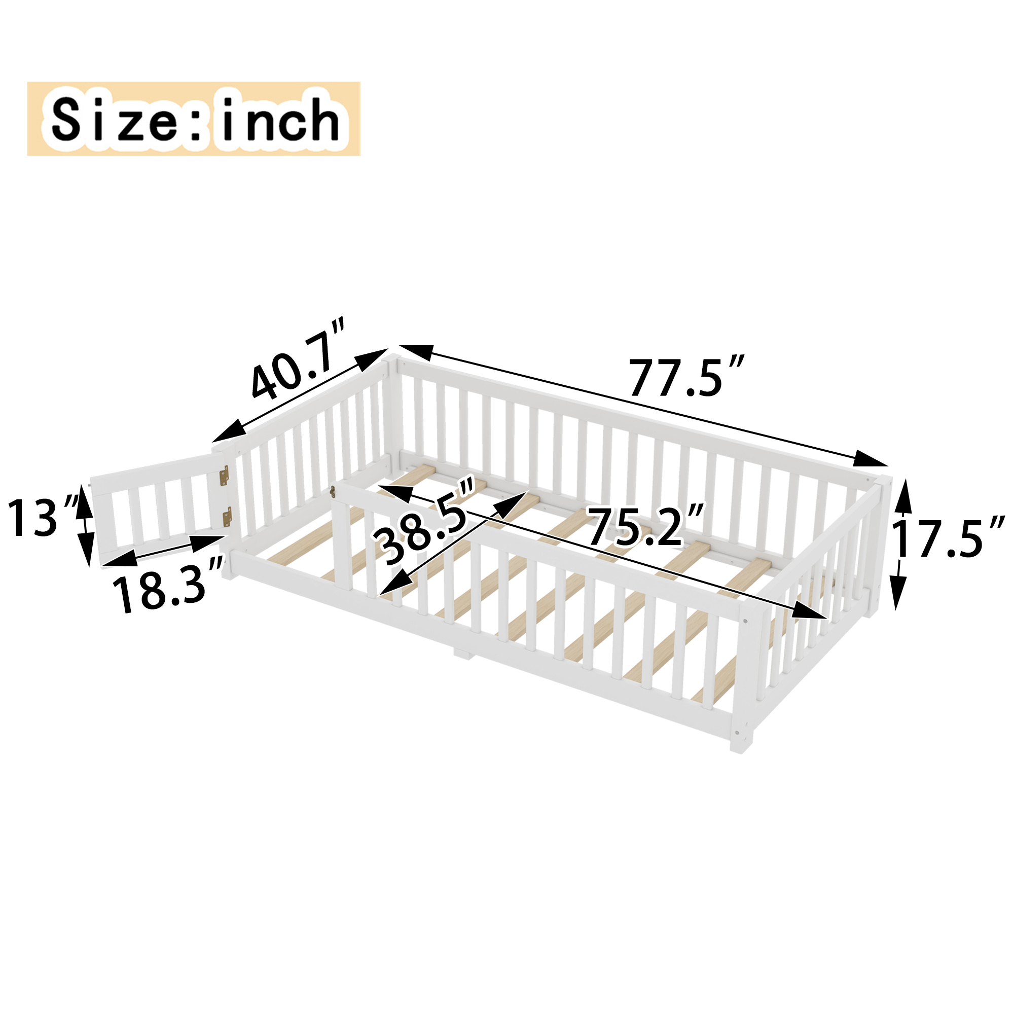 Jopath Twin Size Floor Bed Frame,Montessori Bed with Guardrails and Door,with Slatted Base,for Kids,Boys,Girls,White