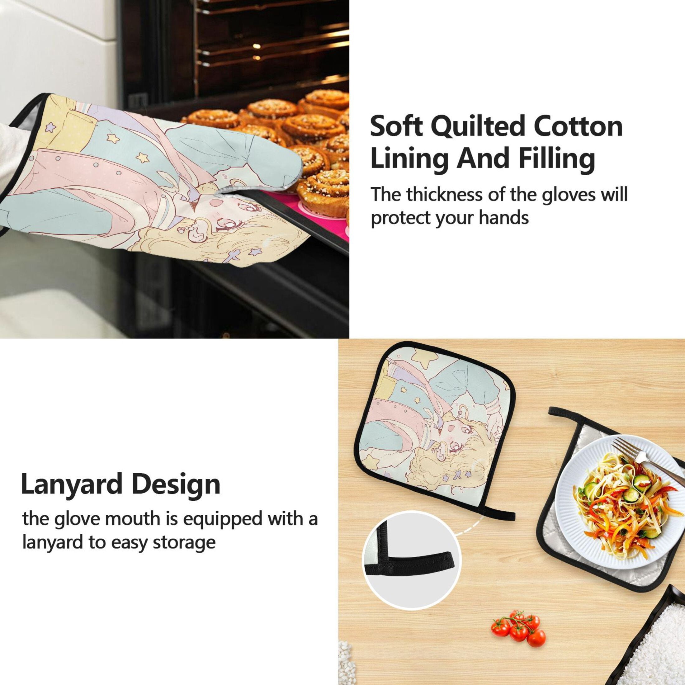 Cute Anime Schoolgirl 5 Pcs Kitchen Set Heat Resistant Oven Mitts and Non-Slip Pot Holders with Adjustable Cooking Apron