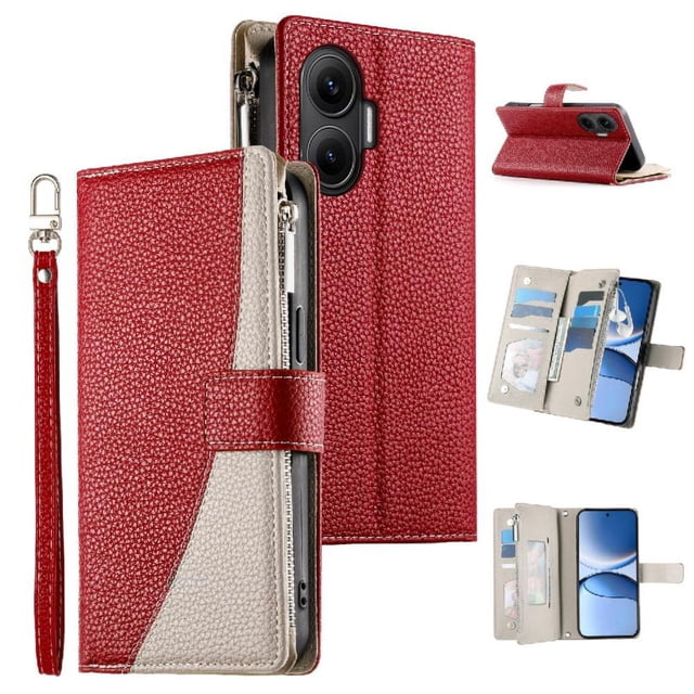 Funda cartera GANGXUN para Xiaomi POCO F7 5G , cuero PU con tarjetero, cremallera, correa de mano, soporte y protección 497°