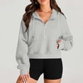 thumbnail image 6 of VEKDONE Cropped Hoodies for Women Half Zip Drawstring Hooded Sweatshirt with Thumb Holes Fall Winter Long Sleeve Thin Fleece Pullover Top Solid Color Cute Blouse with Pockets Gray M, 6 of 9