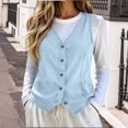 thumbnail image 2 of Women's Solid Denim Vest, V‑Neck Button‑Front Sleeveless Waistcoat with Pockets for Spring Winter Casual Layering Home Travel Light Blue L(L), 2 of 7