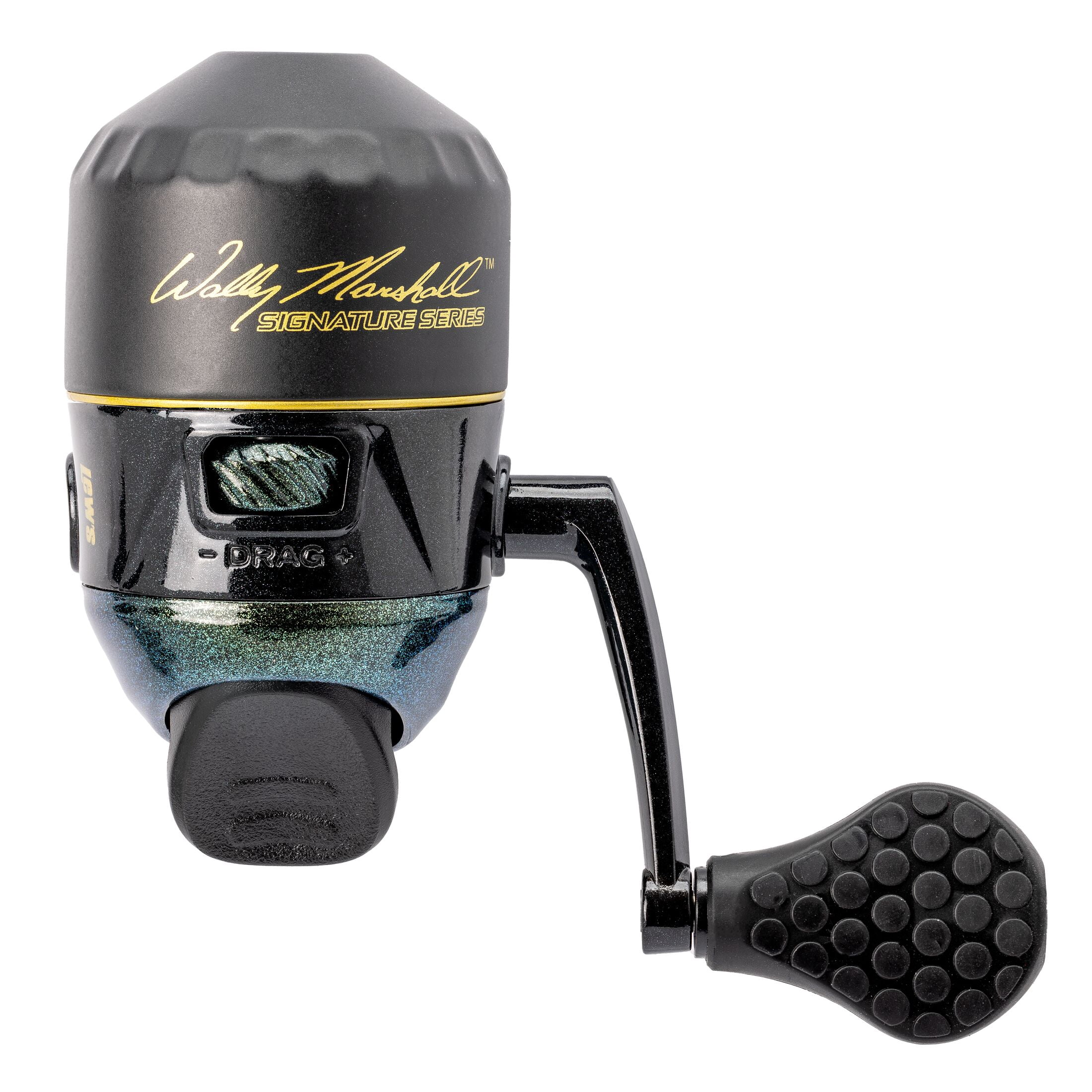 Lew's Wally Marshall Signature Series Spincast Fishing Reel, 2+1 Bearings, 4.3:1 Gear Ratio, All Metal Gears, Reversible Handle, Combat Grip Knob, 6-Pound Line, Green/Gold (Clam Packaging)