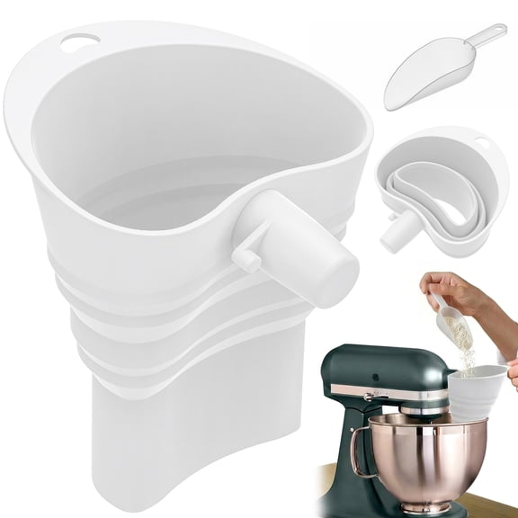 Toorise Flour Funnel for KitchenAid Mixer Silicone Foldable Extended Length Attachment with Scoop Dishwasher Safe Fits 4.5 5 6 7 Quart Tilt Head Bowl