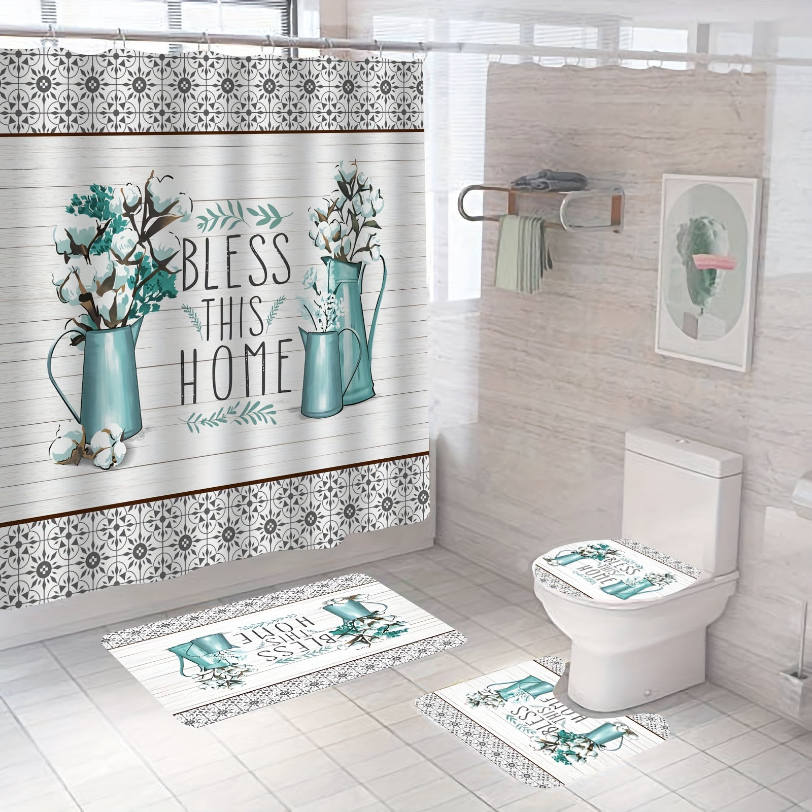 4pcs Pattern Shower Curtain Set, Waterproof Shower Curtain with 12 Hooks, Non-Slip Bathroom Rug, Toilet U-Shape Mat, Toilet Lid Cover Pad, Bathroom Decor, Shower Curtain Sets For Bathrooms