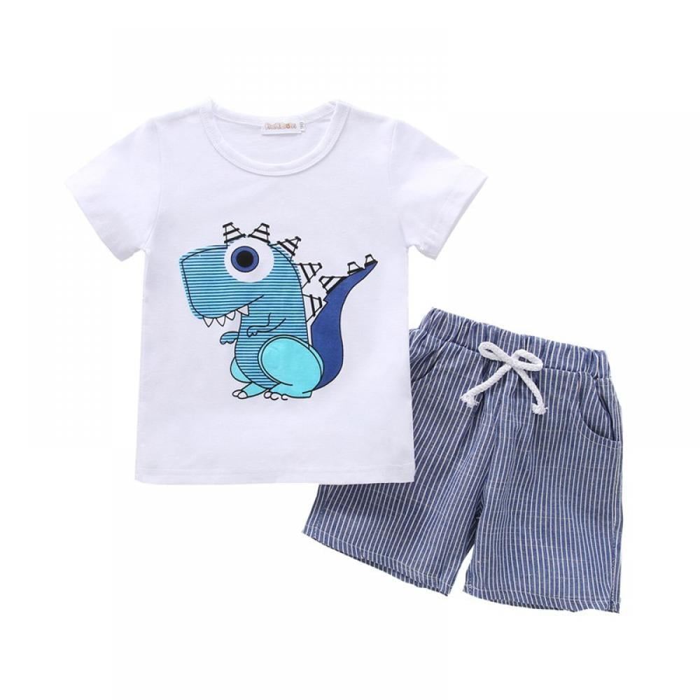 Kids Boys Summer Cartoon Dinosaur Print Tops T-shirt+Shorts Pajamas Outfit Set 