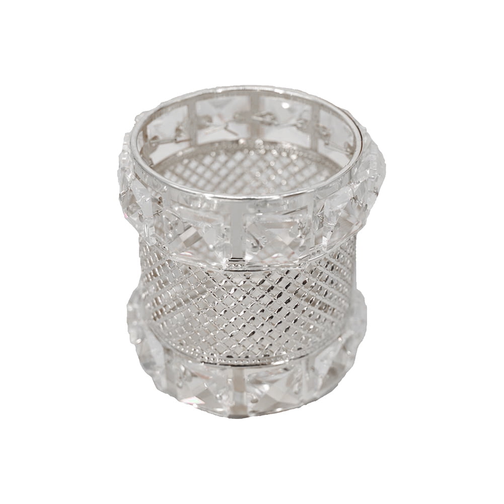 Gold Makeup Brush Holder Metal Desktop Mesh Storage Crystal Glass Round