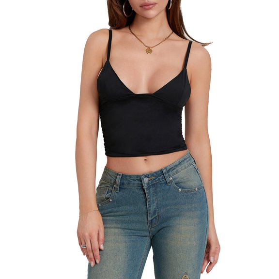 Michellecmm Women's Ruched Crop Cami Tops Spaghetti Strap Low Cut Camisole