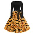 thumbnail image 2 of WTOBBY Women's Chic Retro Halloween Dress Featuring Bat and Pumpkin Print, Round Neckline, Long Sleeves, Hollow Out Casual Style for Party Wear ,Ginger L, 2 of 5