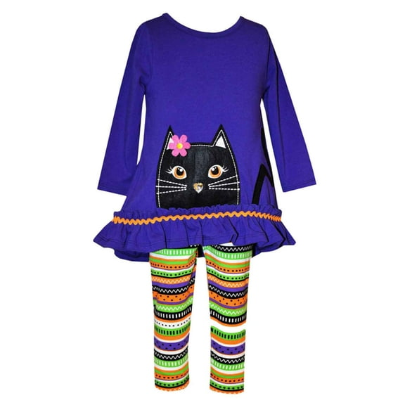Infant Girls Purple Halloween Outfit Black Cat Shirt & Striped Leggings Set 12m