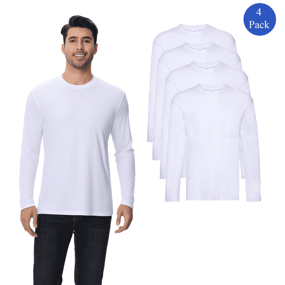 Zfeel Men's White Crewneck T-Shirt, 4 Pack, Sizes S-4XL - 100 Polyester, High Performance Long Sleeves Shirt